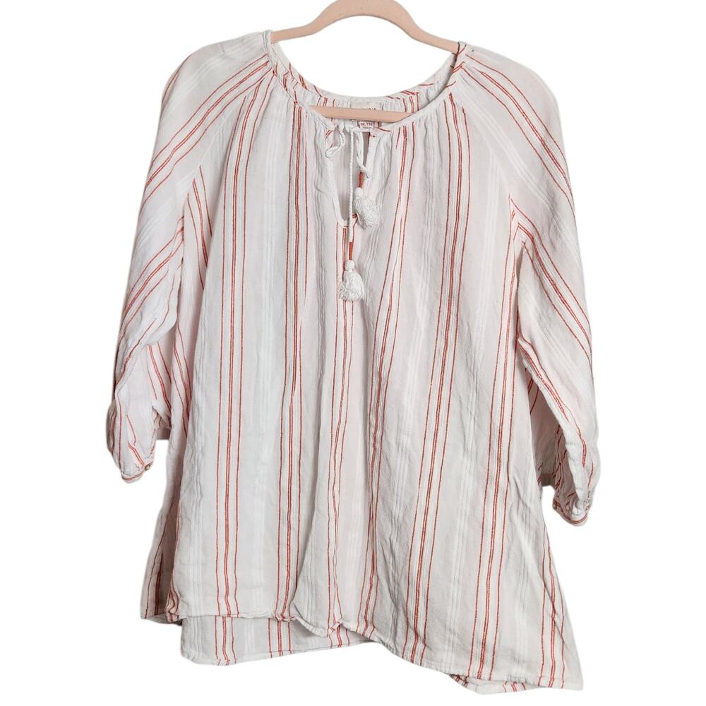 Merona Women's XXL Blouse Red and White Striped Keyhole Tie Neck Top 100% Cotton